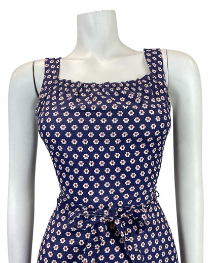 VINTAGE 60s 70s BLUE WHITE RED POLKA-DOT DAISY FLOWER STRAPPY SUN DRESS 8