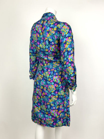 VTG 60s 70s BLUE YELLOW PINK GREEN PSYCHEDELIC FLORAL EMPIRE LINE DRESS 12 14