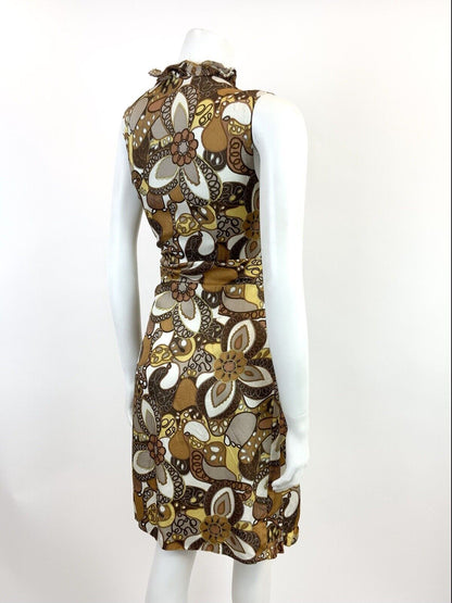VINTAGE 60s 70s BROWN CREAM YELLOW WHITE PSYCHEDELIC FLORAL RUFFLE DRESS 12
