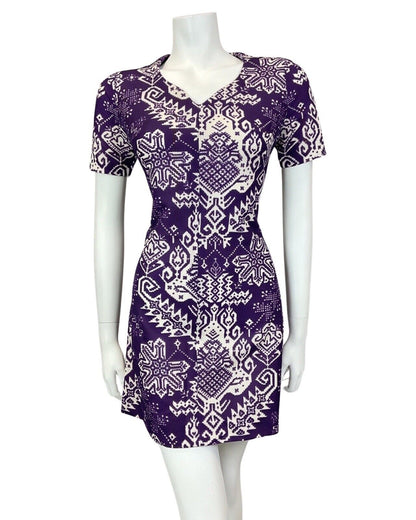 VINTAGE 60s 70s VIOLET PURPLE WHITE AZTEC GEOMETRIC MOD SHORT DRESS 10 12