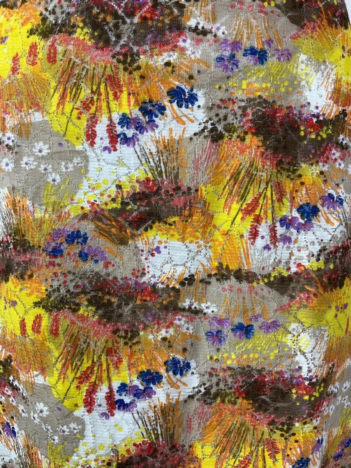 VINTAGE 60s 70s YELLOW BROWN ORANGE BLUE FLORAL PSYCHEDELIC LACE DRESS 10