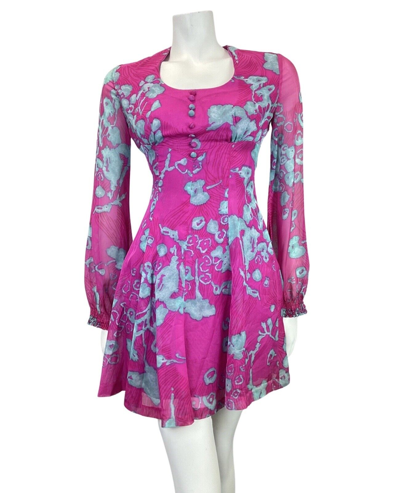 VINTAGE 60s 70s PINK BLUE FLORAL MOD SHEER SWING SHORT DRESS 8 10