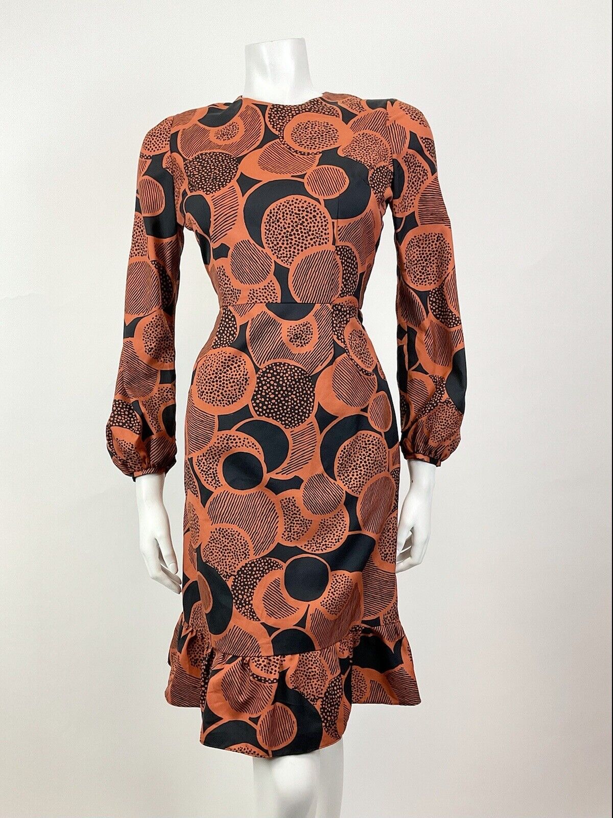 VINTAGE 60s 70s BURNT ORANGE BLACK PSYCHEDELIC CIRCLE MOD RUFFLE DRESS 8