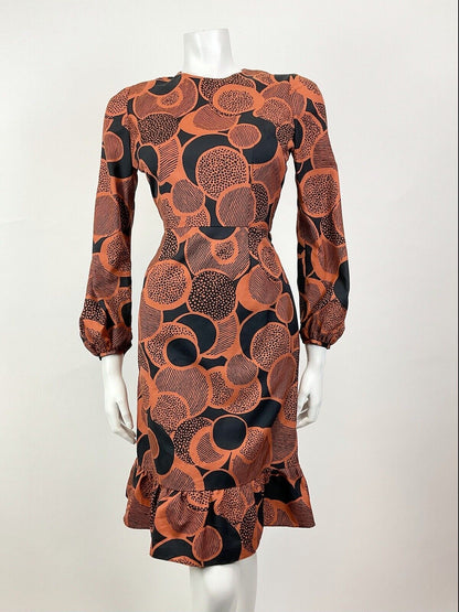 VINTAGE 60s 70s BURNT ORANGE BLACK PSYCHEDELIC CIRCLE MOD RUFFLE DRESS 8