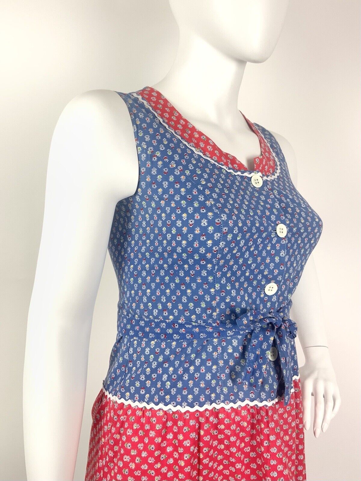 VTG 60s 70s BLUE RED WHITE FLORAL DITSY DAISY RIC RAC COTTAGE BOHO DRESS 14 16