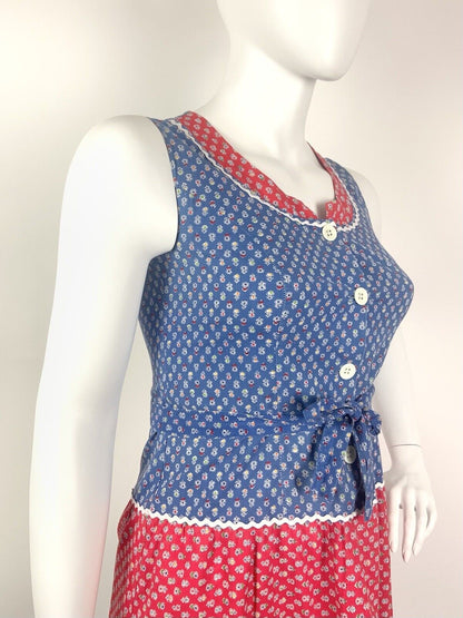 VTG 60s 70s BLUE RED WHITE FLORAL DITSY DAISY RIC RAC COTTAGE BOHO DRESS 14 16