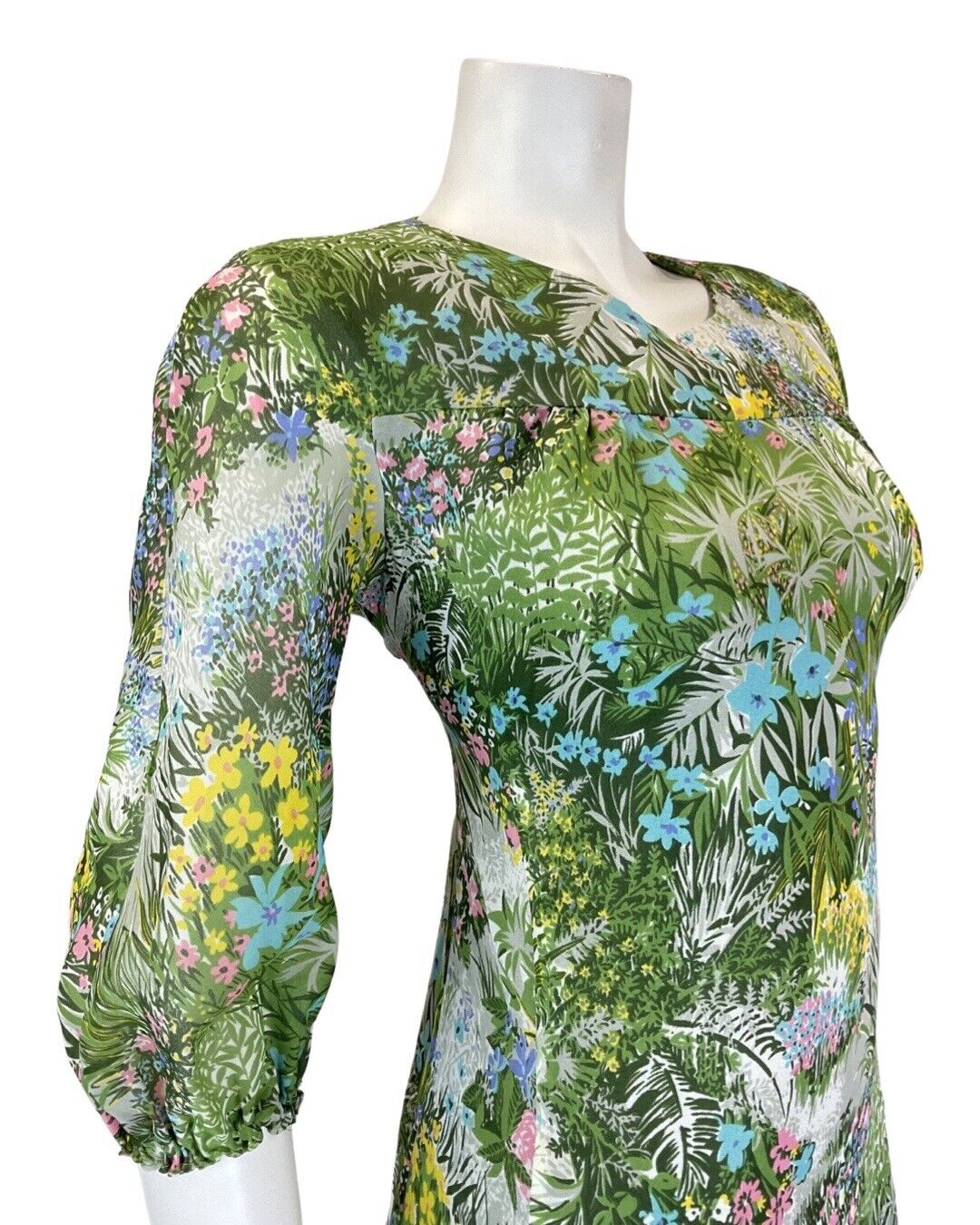 VINTAGE 60s 70s GREEN PINK BLUE GARDEN FLORAL GRASS SHEER FLOATY DRESS 12 14