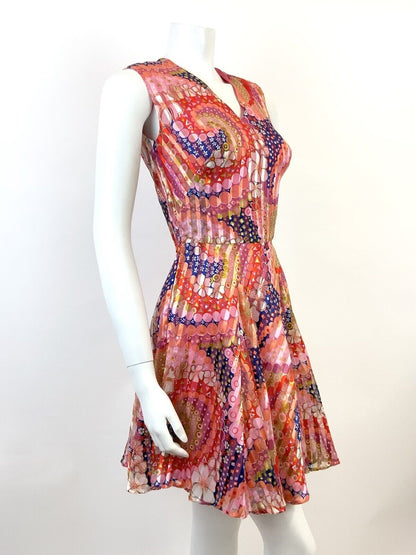 VINTAGE 60s 70s PINK ORANGE BLUE PSYCHEDELIC FLORAL GEOMETRIC FLOATY DRESS 6 8