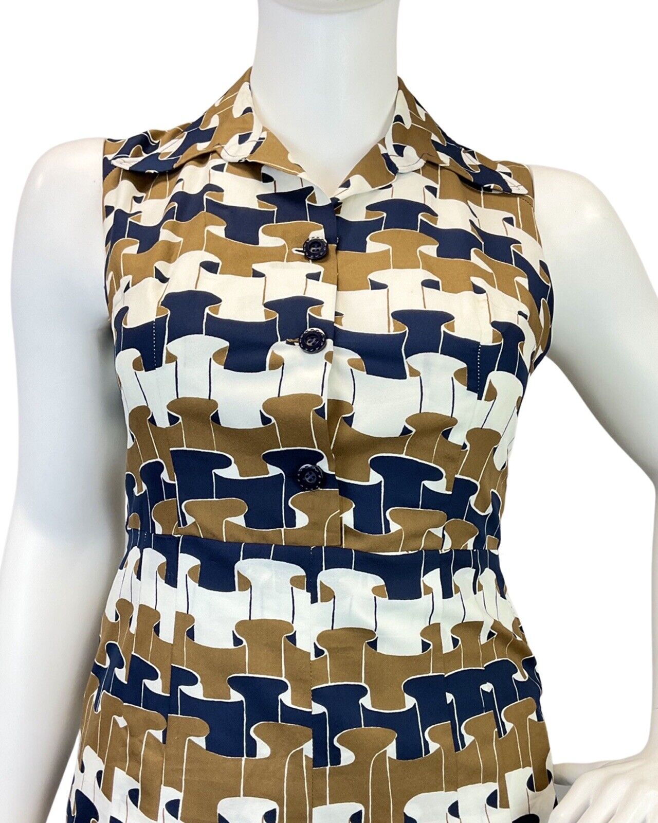 VINTAGE 60s 70s BROWN WHITE BLUE GEOMETRIC RUFFLE MOD DAGGER SHIRT DRESS 16