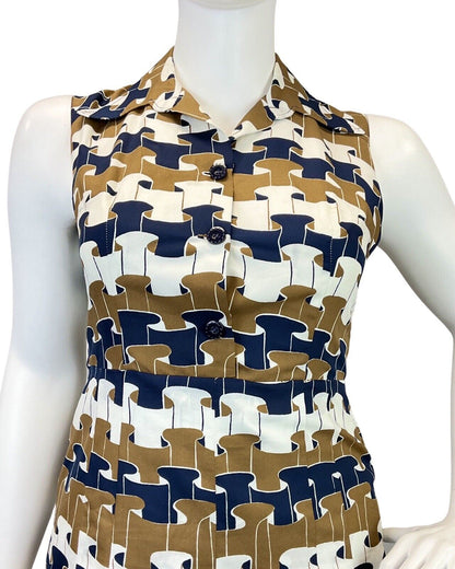 VINTAGE 60s 70s BROWN WHITE BLUE GEOMETRIC RUFFLE MOD DAGGER SHIRT DRESS 16