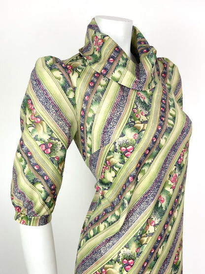 VTG 60s 70s GREEN PINK BLUE STRIPED SQUIGGLE BERRY LEAFY COWL A-LINE DRESS 10 12