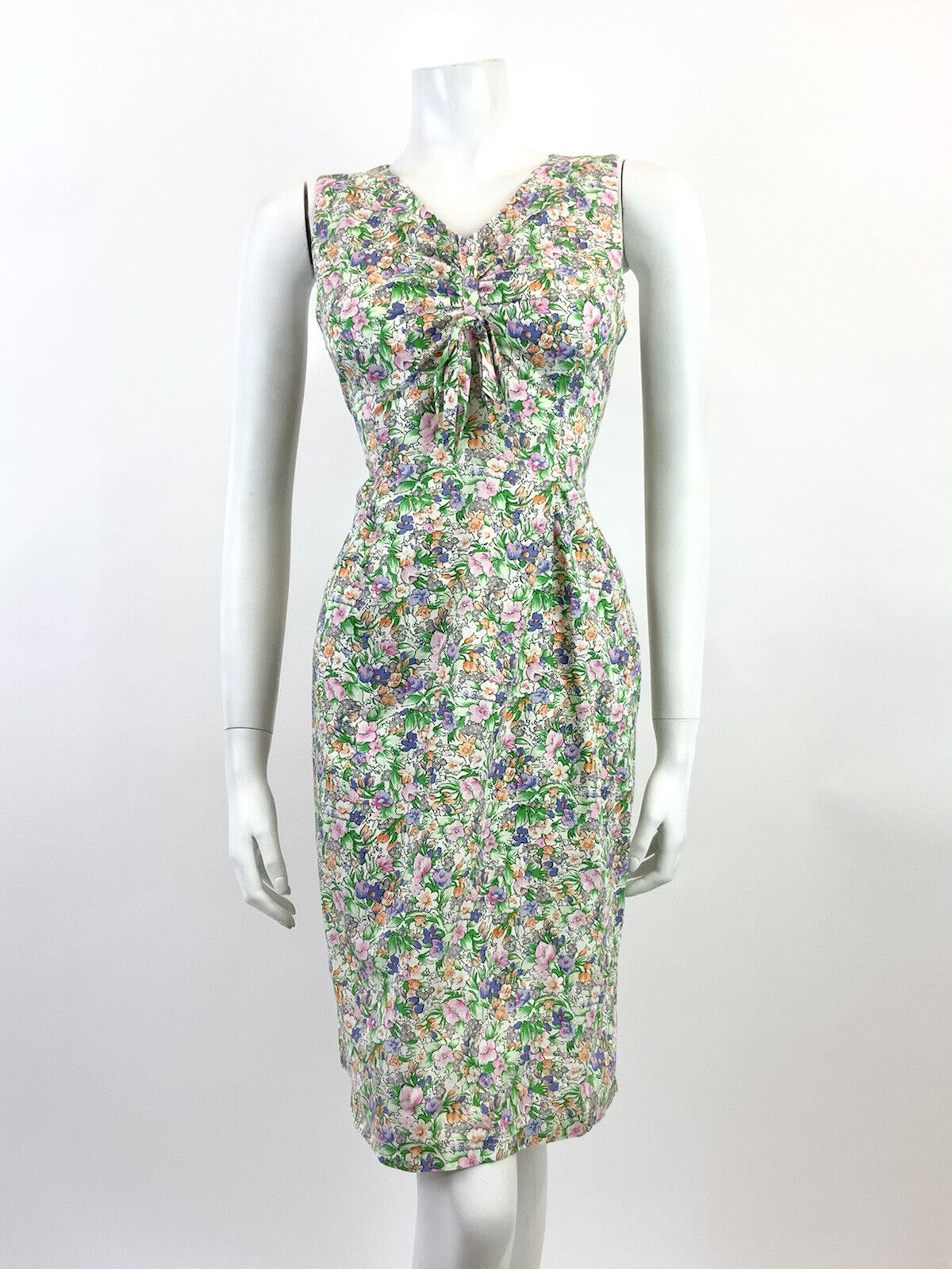 VTG 60s 70s GREEN PINK BLUE FLORAL GARDEN DITSY SLEEVELESS SUMMER DRESS 10 12