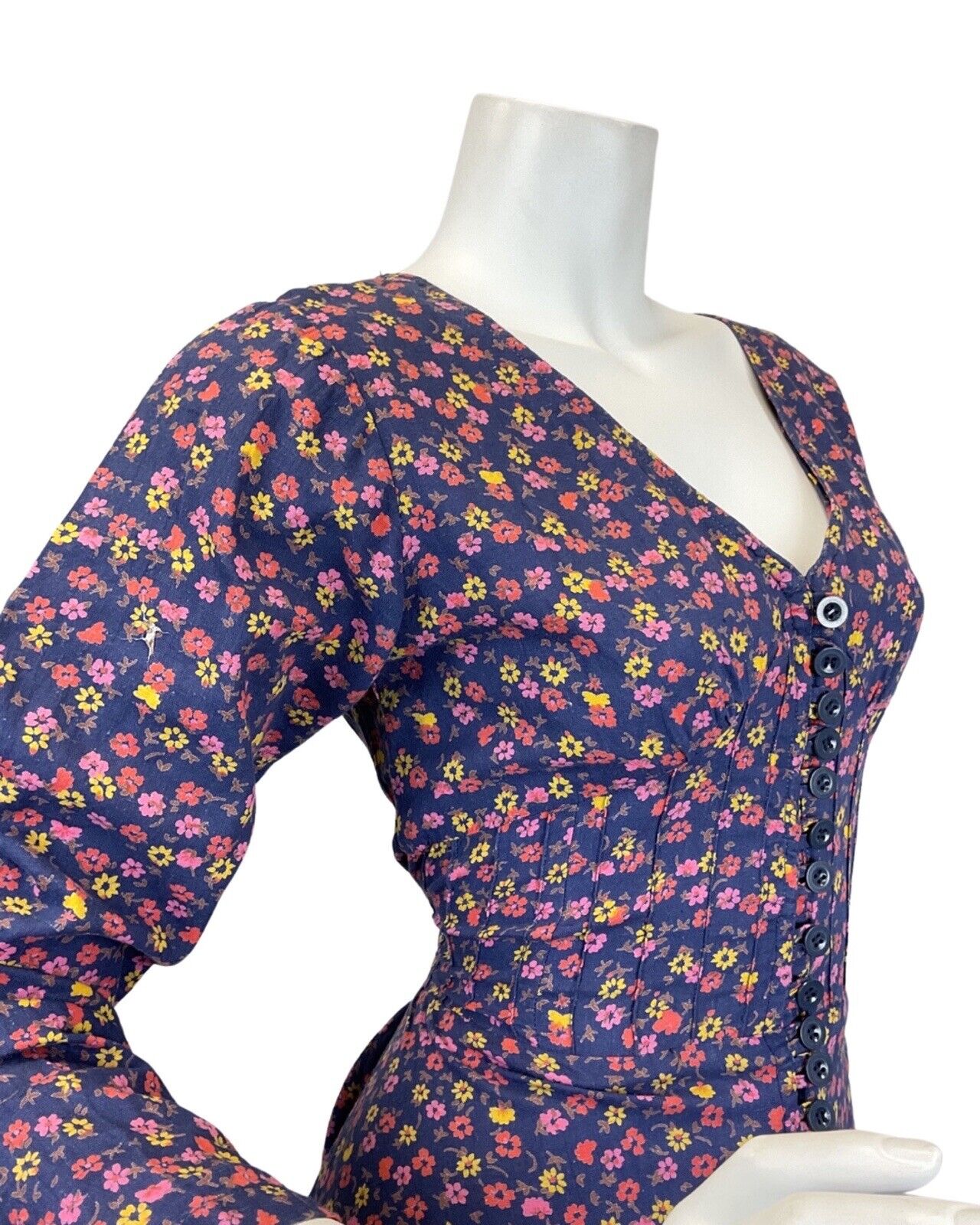 VINTAGE 60s 70s BLUE PINK YELLOW DITSY FLORAL PRAIRIE BOHO MAXI DRESS 10 12