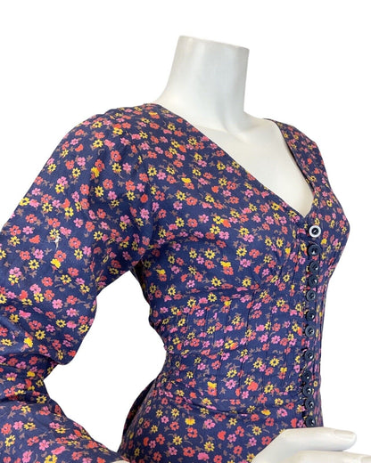 VINTAGE 60s 70s BLUE PINK YELLOW DITSY FLORAL PRAIRIE BOHO MAXI DRESS 10 12