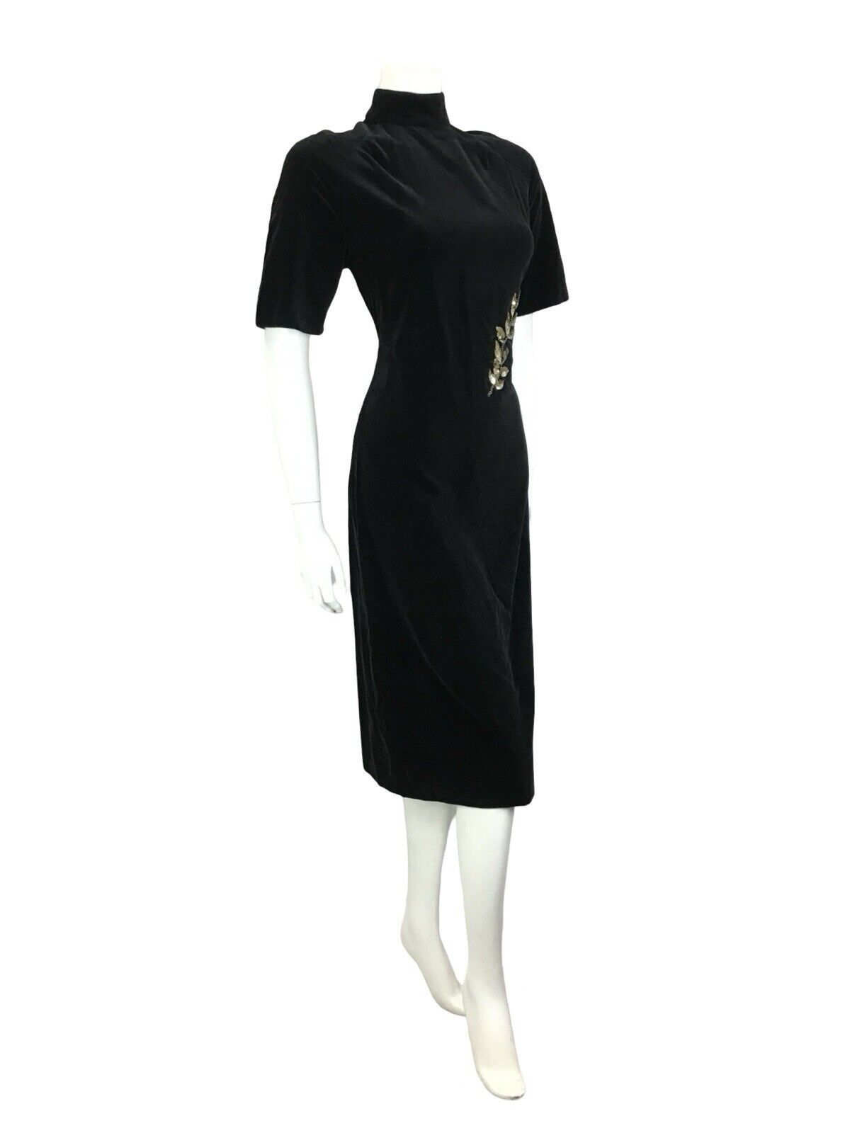 VTG 60S 70S BLACK VEVET GOLD LEAF EMBELLISHED SEQUIN BEADED MIDI PARTY DRESS 4 6