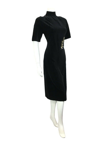 VTG 60S 70S BLACK VEVET GOLD LEAF EMBELLISHED SEQUIN BEADED MIDI PARTY DRESS 4 6