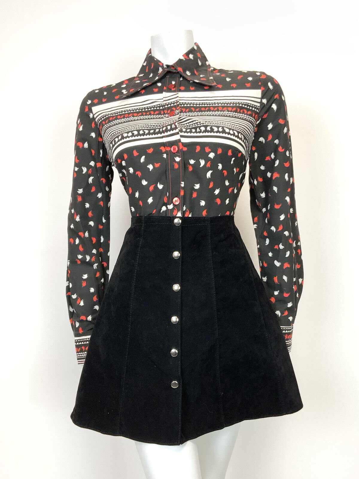 VINTAGE 60s 70s BLACK RED WHITE STRIPED DASH MOD DAGGER COLLAR SHIRT 12 14