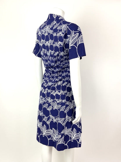 VINTAGE 60s 70s NAVY BLUE WHITE FRUITY APPLE DAGGER COLLAR SHIRT DRESS 10 12