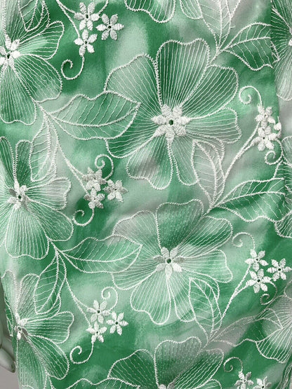 VINTAGE 60s 70s GREEN APPLE WHITE TIE-DYE FLORAL EMBROIDERED MOD DRESS 10