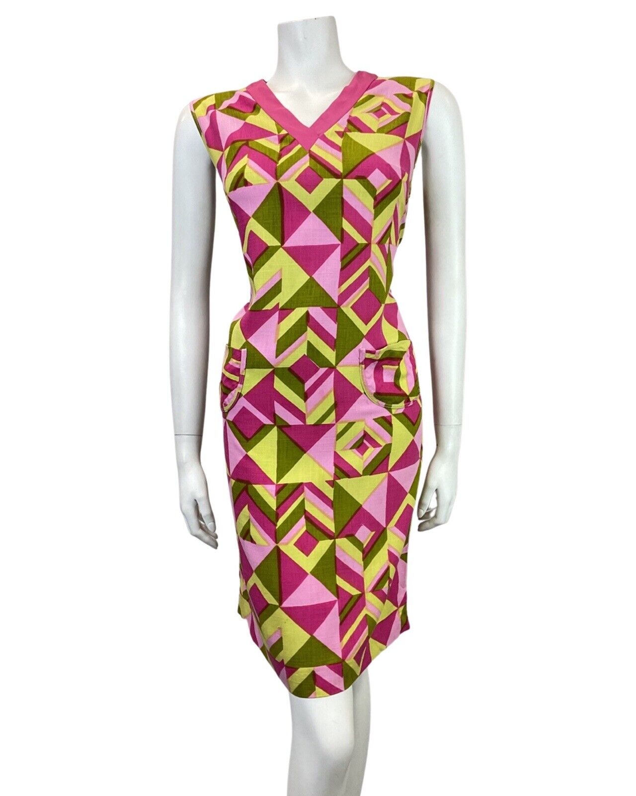 VINTAGE 60s 70s PINK YELLOW GOLD GEOMETRIC SLEEVELESS A-LINE SHIFT DRESS 12