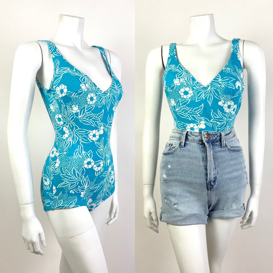 VTG 60s 70s BLUE WHITE FLORAL LEAFY MOD LOW-RISE SWIM BODY SUIT 9 10