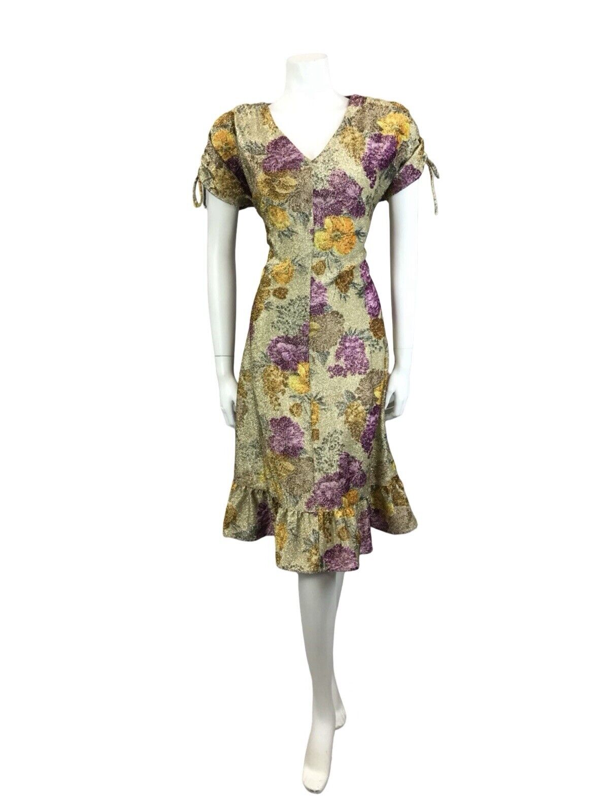VTG 60S GOLD YELLOW PURPLE LUREX GLITTERING FLORAL V NECK PARTY DRESS 12 14 M