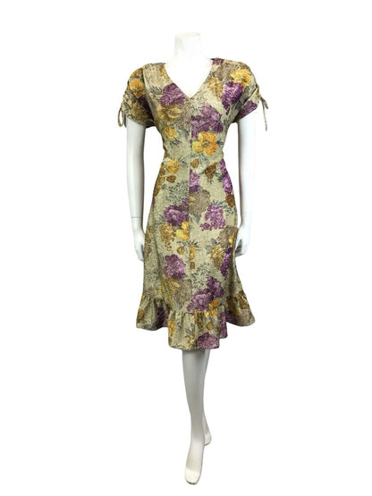 VTG 60S GOLD YELLOW PURPLE LUREX GLITTERING FLORAL V NECK PARTY DRESS 12 14 M