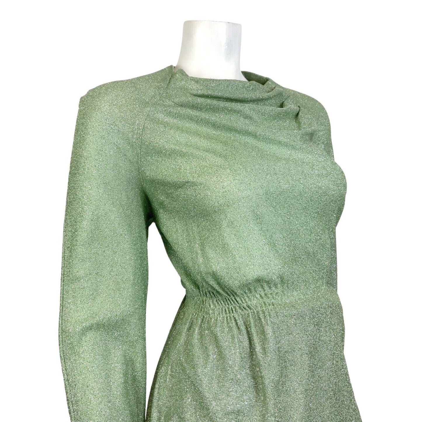 VINTAGE 60s 70s MINT GREEN SILVER SPARKLY LUREX DISCO PARTY BLOUSE TOP 14 16