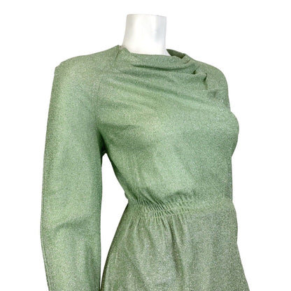 VINTAGE 60s 70s MINT GREEN SILVER SPARKLY LUREX DISCO PARTY BLOUSE TOP 14 16