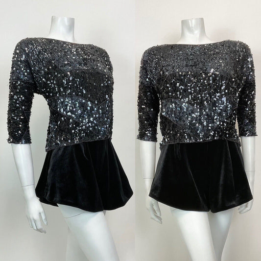 VINTAGE 70s BLACK SEQUIN BEADED DISCO PARTY GLAM CROPPED BLOUSE TOP 12
