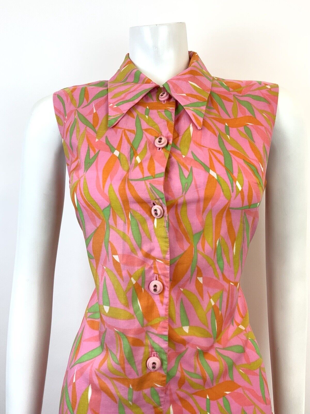 VTG 60s 70s PINK GREEN ORANGE PSYCHEDELIC LEAFY DAGGER SHIRT SHIFT DRESS 10 12