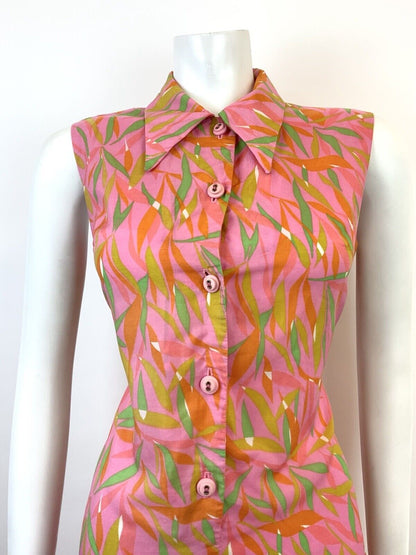 VTG 60s 70s PINK GREEN ORANGE PSYCHEDELIC LEAFY DAGGER SHIRT SHIFT DRESS 10 12