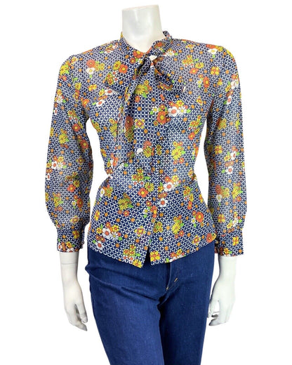 VINTAGE 60s 70s BLUE WHITE ORANGE CHECKED FLORAL PUSSYBOW SHEER BLOUSE 10 12