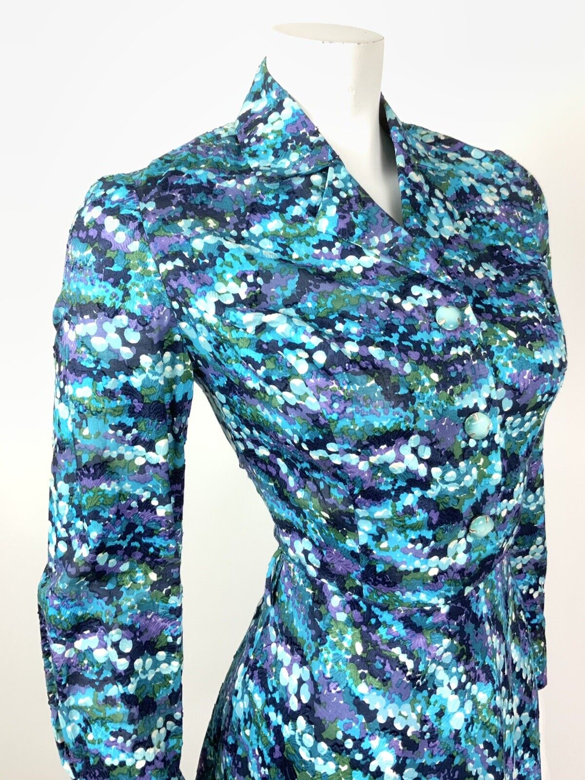 VINTAGE 60s 70s BLUE GREEN PURPLE PSYCHEDELIC FLORAL BUBBLE SHIRT DRESS 10