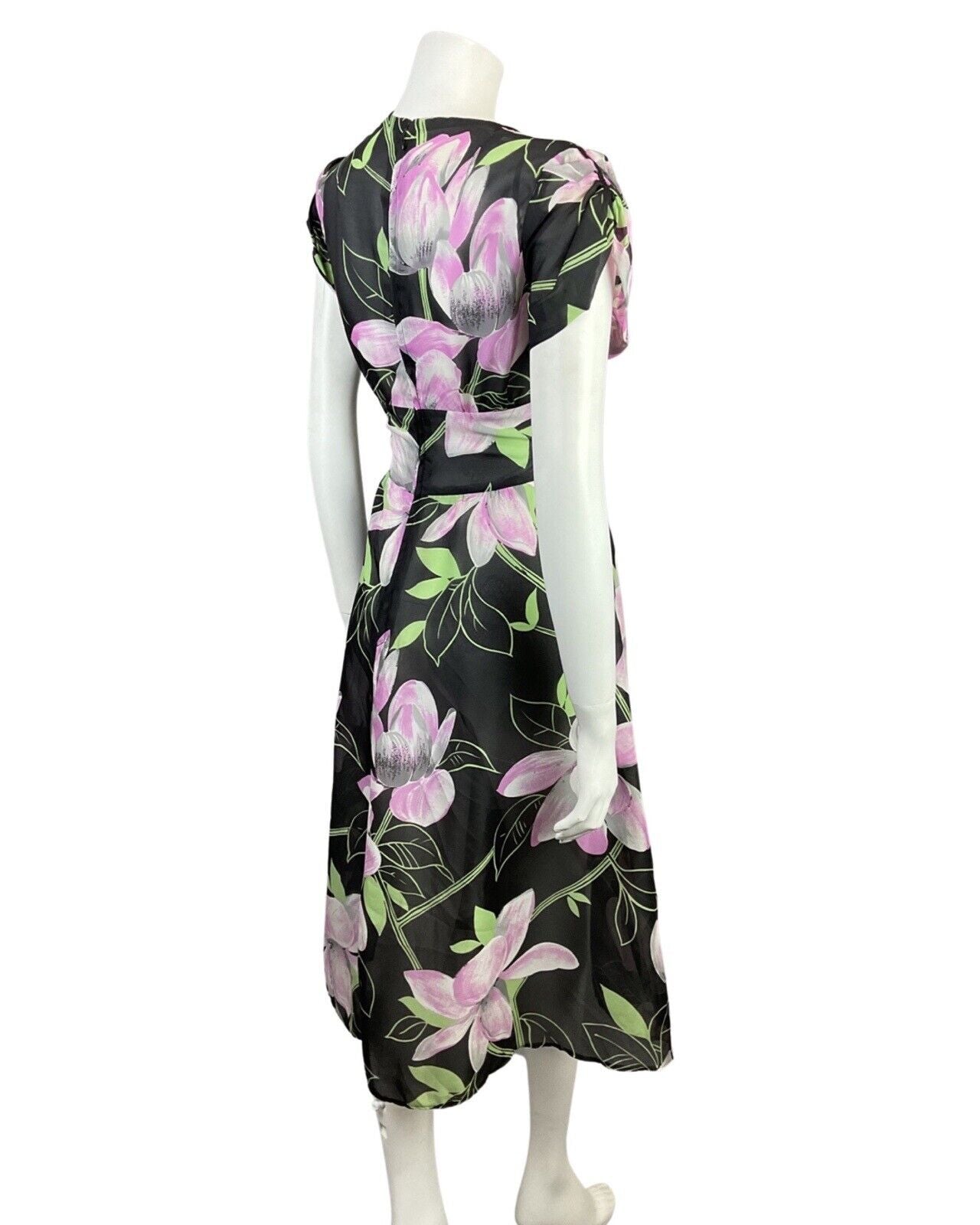 VINTAGE 60s 70s BLACK GREY PURPLE FLORAL SHEER SWING DRESS 12