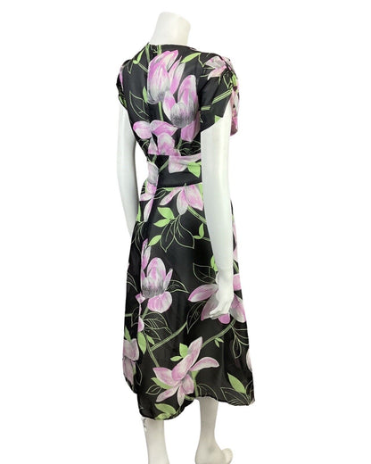 VINTAGE 60s 70s BLACK GREY PURPLE FLORAL SHEER SWING DRESS 12