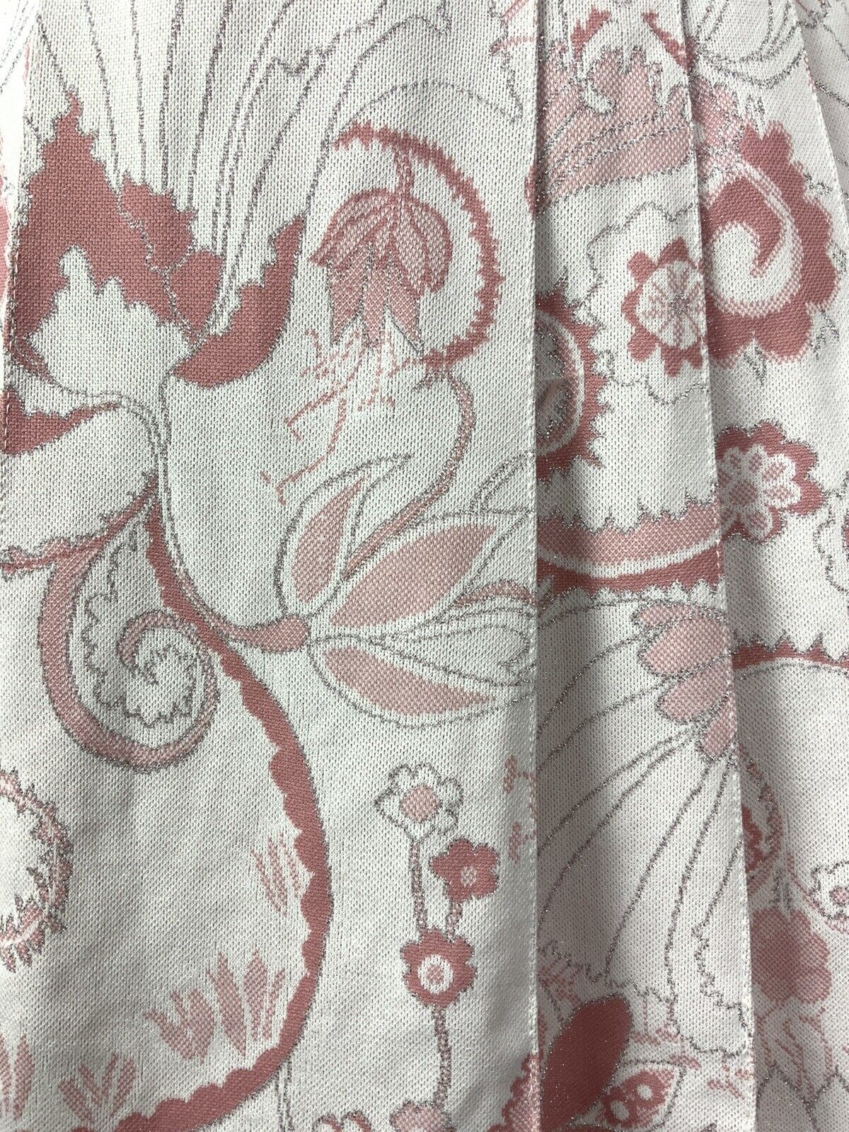 VINTAGE 60s 70s PINK WHITE SILVER LUREX FLORAL SWIRL SLEEVELESS PLEATED DRESS 10