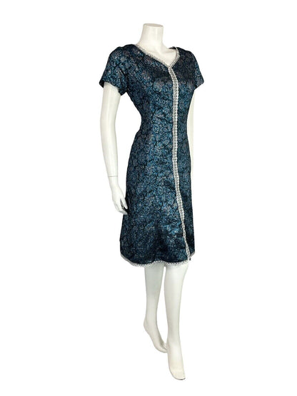 VTG 60S BLUE BLACK SILVER LUREX METALLIC BROCADE TRIM PARTY MIDI DRESS 10 12