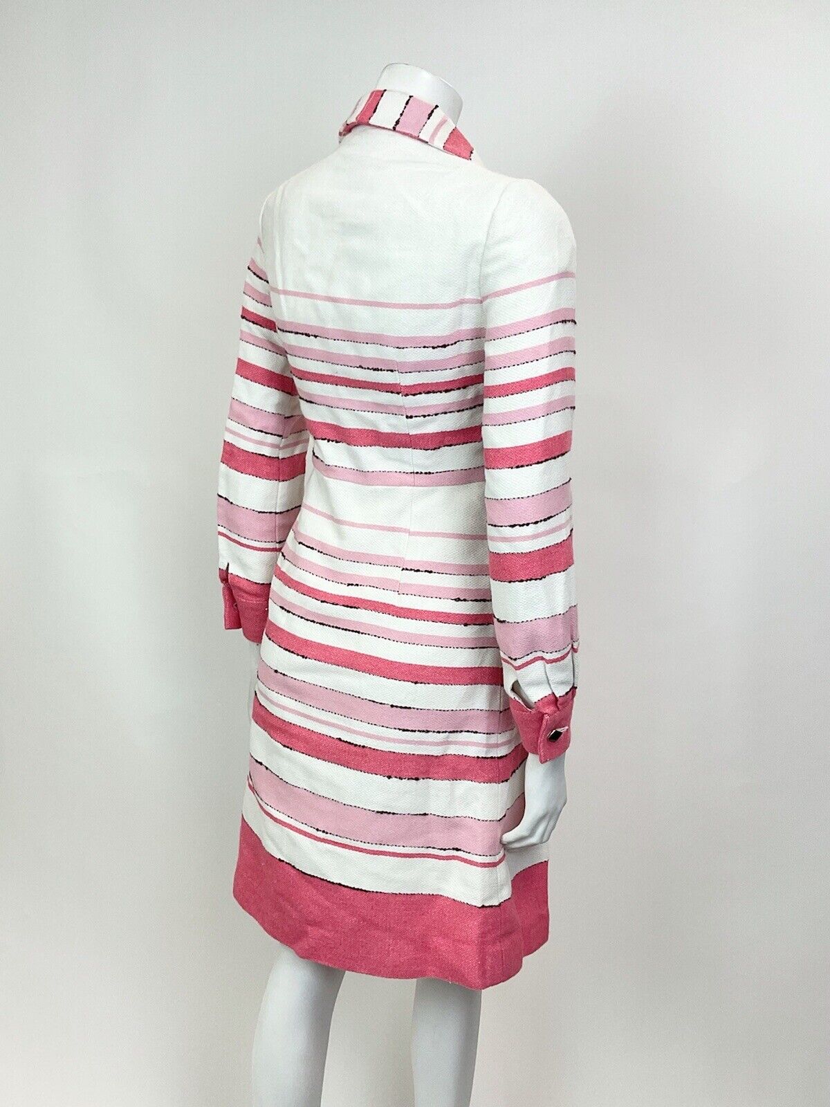 VINTAGE 60s 70s WHITE PINK ROSE STRIPED PLEATED MOD DAGGER SHIRT DRESS 8 10