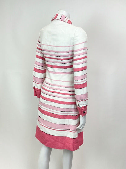 VINTAGE 60s 70s WHITE PINK ROSE STRIPED PLEATED MOD DAGGER SHIRT DRESS 8 10