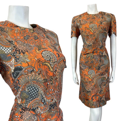 VINTAGE 60s 70s ORANGE GREY BLUE PSYCHEDELIC PAISLEY FLORAL DRESS 14 16