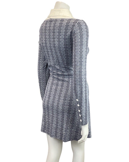 VINTAGE 60s 70s NAVY BLUE CREAM STRIPED ZIP-UP MOD FITTED SHIRT DRESS 10 12