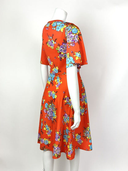 VINTAGE 60s 70s ORANGE PURPLE BLUE YELLOW FLORAL SWING SUMMER DRESS 8 10