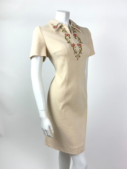 VTG 60s 70s CREAM GREEN RED BROWN SWIRL EMBROIDERED DAGGER COLLAR DRESS 12 14