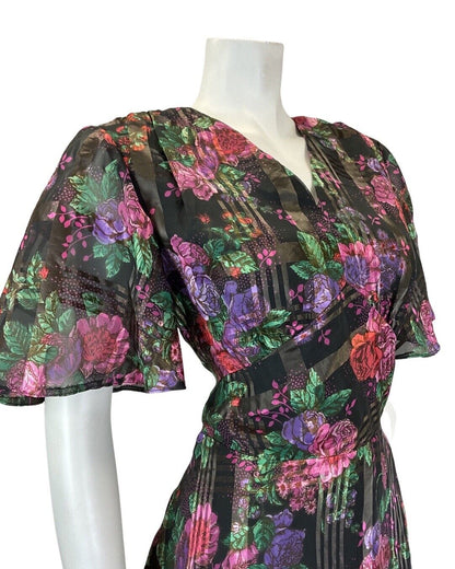 VINTAGE 60s 70s BLACK PINK PURPLE PLAID FLORAL ROSE SHEER SWING TEA DRESS 10 12