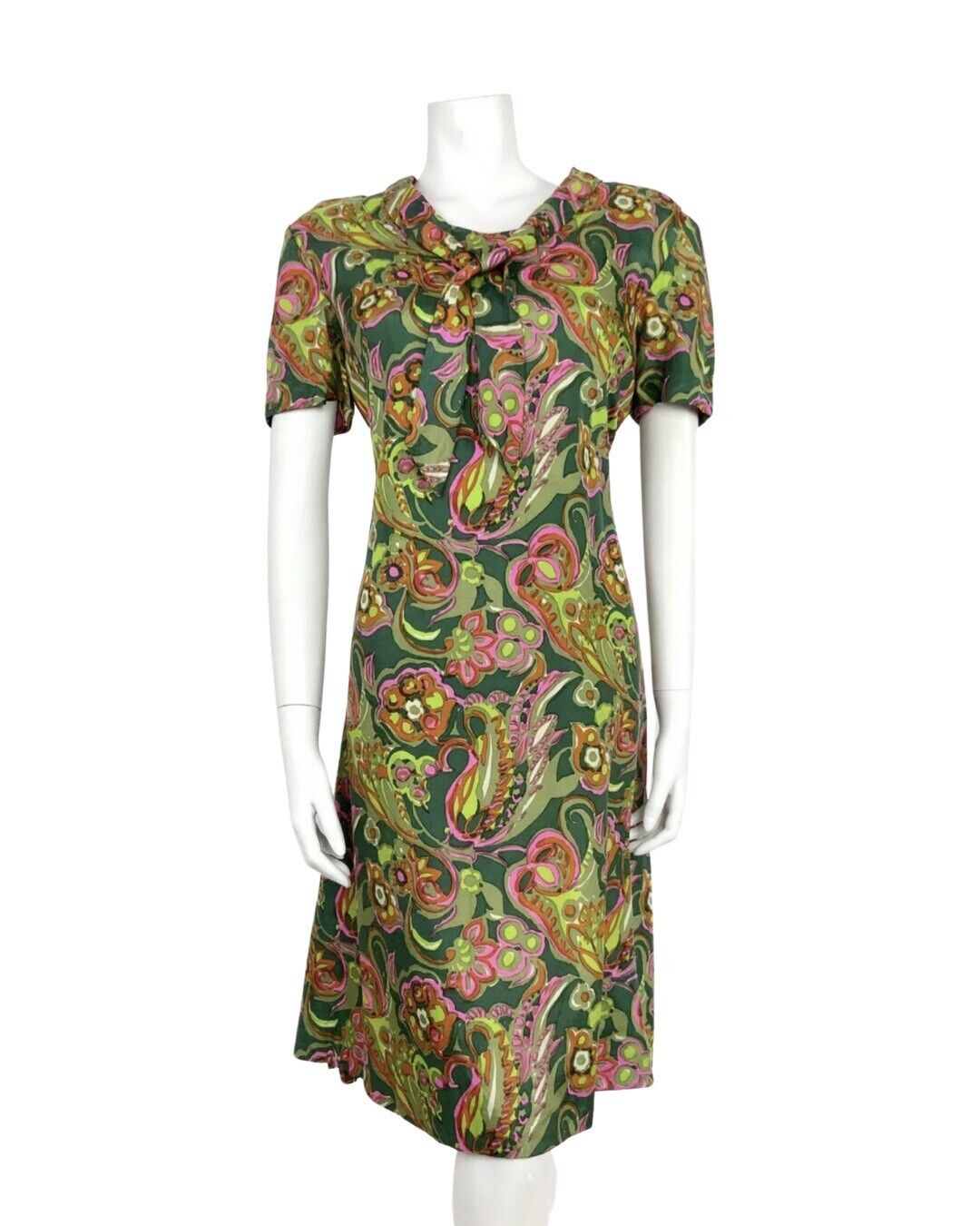 VTG 60s 70s LIME GREEN PINK ORANGE SHAWL PSYCHEDELIC FLORAL SHIFT DRESS 12 14