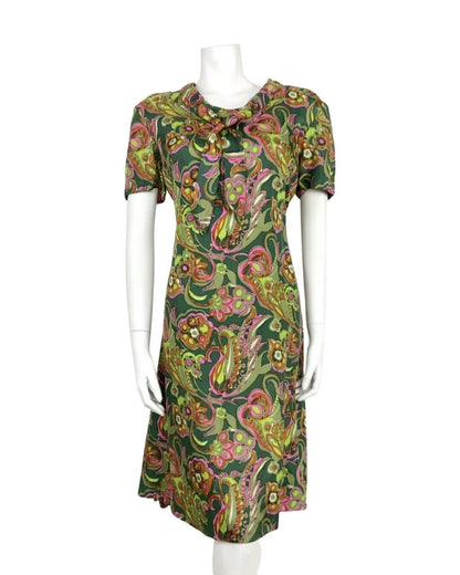 VTG 60s 70s LIME GREEN PINK ORANGE SHAWL PSYCHEDELIC FLORAL SHIFT DRESS 12 14