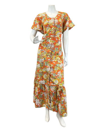 VINTAGE 60s 70s ORANGE YELLOW BLUE FLORAL LEAFY PSYCHEDELIC MOD MAXI DRESS 14