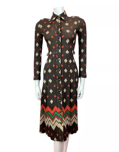 VINTAGE 60s 70s BLACK RED BEIGE DIAMOND GEOMETRIC DAGGER SHIRT DRESS 4