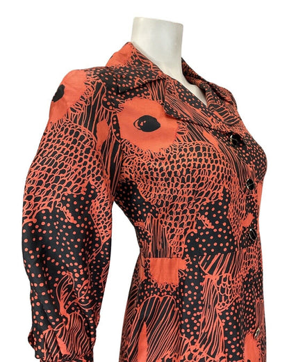 VINTAGE 60s 70s ORANGE BLUE FLORAL PSYCHEDELIC MOD SILK SHIRT DRESS 10